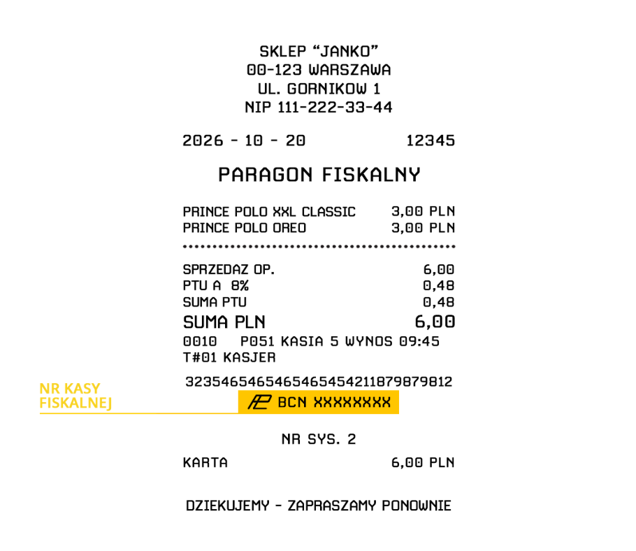 Paragon fiskalny z zaznaczonym unikalnym numerem kasy fiskalnej
